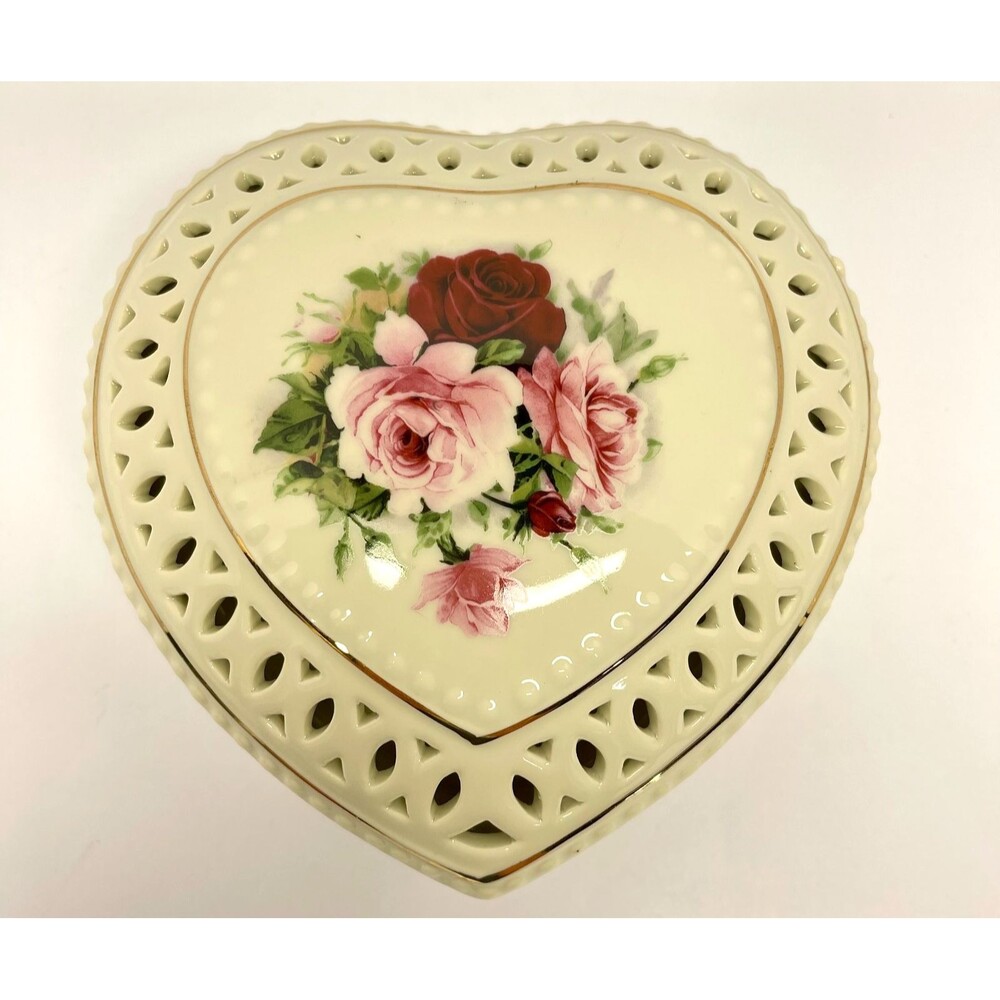 Vintage Formalities Baum Bros Victorian Rose Pierced Heart Trinket Box-Lidded